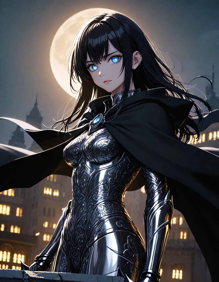 masterpiece,best quality,high resolution,ultra sharp focus,Cinematic Lighting, ethereal light, intricate details,full colored, HDR, UHD,8k,detailed background is beautiful,shoulder-length black hair with silver streaks, piercing silver eyes, fair skin with faint shadow markings, dark armored suit with intricate patterns, long black cape, dual curved daggers, standing on a rooftop under moonlight, glowing cityscape in the background, dark shadows swirling around, intense lighting contrasts, high contrast black and silver tones, gritty realism
