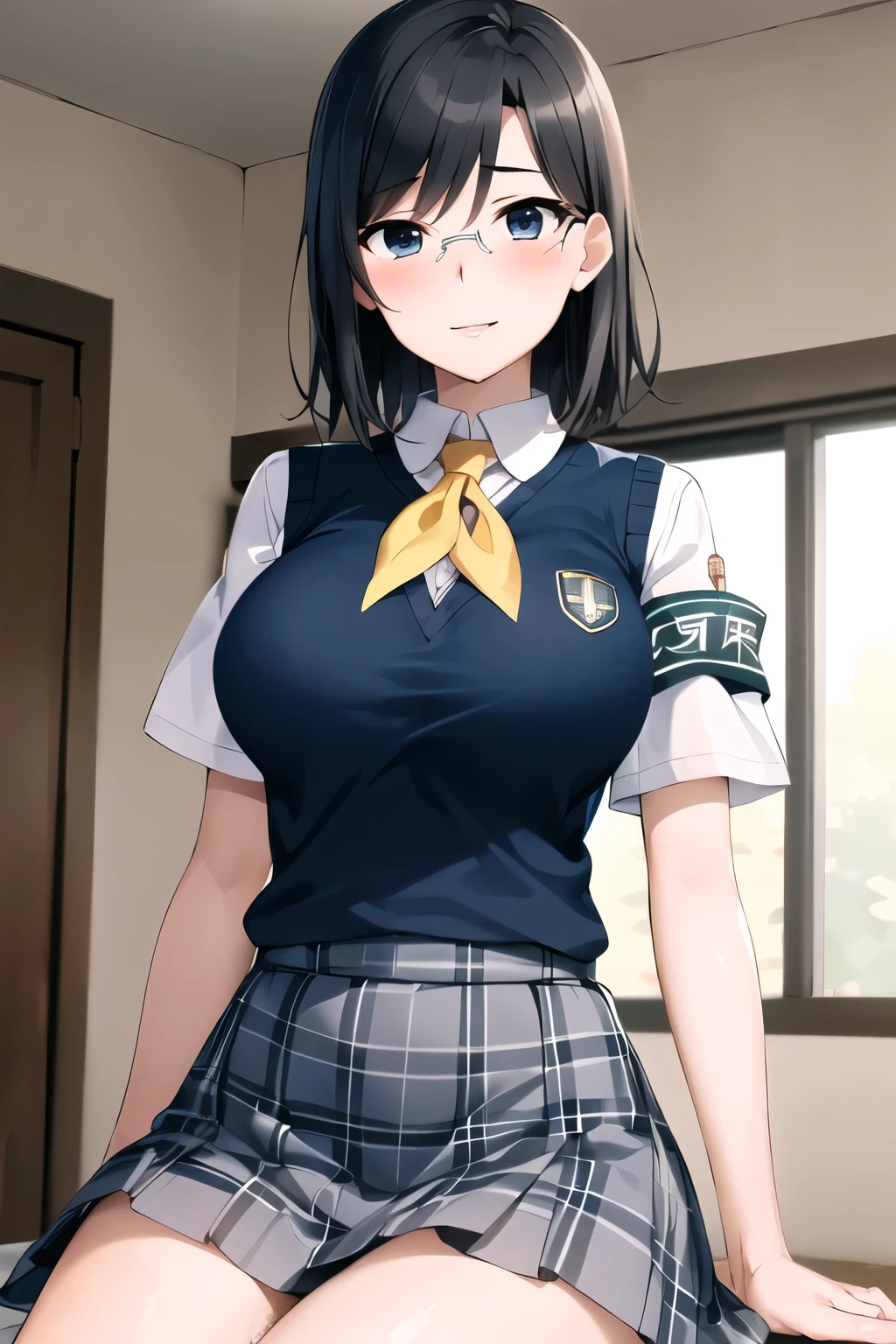 (nsfw, masterpiece, Best Quality, High Resolution , morning), short hair, Black Hair , blue eyes, Glasses, school uniform, yellow neckerchief, collared shirt, Sweater vest, (Blue vest:1.2), Short sleeve, Armband, Plaid Skirt, Grey Skirt, indoor, Sitting, smile, Open your mouth , Wavy,(huge dreasts:1.4),slender,(Narrow waist:1.4), Nose blush, Heart shaped eyes, Disappointed,Dressed, (spread legs, legs up, holding legs, knees on chest, lying,
fucked silly,clenched teeth,heavy breathing,bed room)
(arched back:1.2)
(pussy juice,female orgasm,squirt pussy juice,female :1.9)