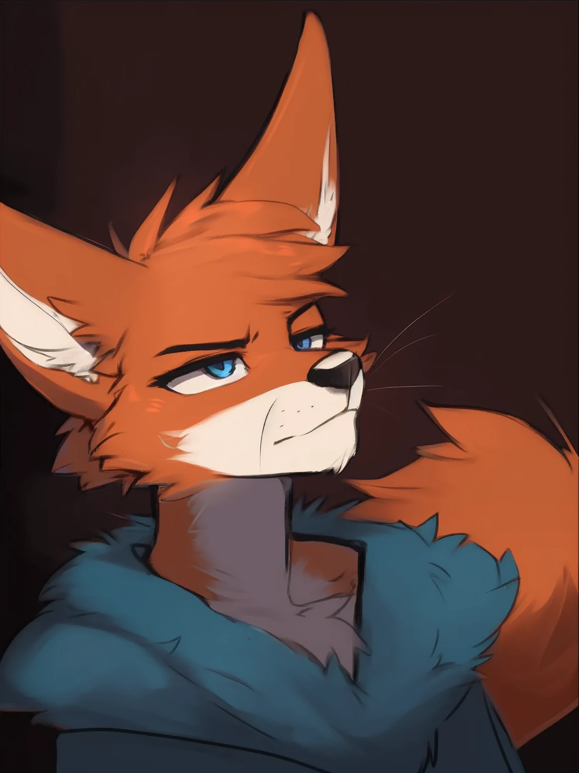 Best quality, Super detailed illustration, cartoon illustration, ultra high 4k quality, ((masterpiece, best quality)) by zackary911,zackary911, fluff-kevlar, by fluff-kevlar, anthro red fox, large red fox ears, red fox whiskers, orange fur, male, solo, one character, furry character, furry male. blue eyes, big fennec ears, puffy blue fur coat, white shirt, orange fur. fluffy fur, big fox tail, serious face, only one tail, dark background, no hair, long goatee