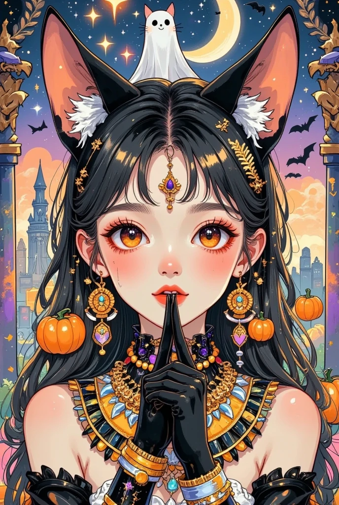 Bastet Egyptian goddess of cats with black cat ears decorated with Egyptian jewelry holding her long nailed claws up to her lips head to waist view, by Yoshitaka Amano, water color and ink, cosmic themes, gold lead accents, ultra detailed, 