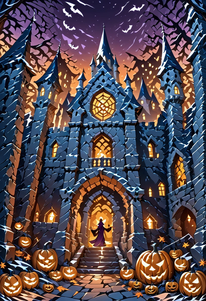 Halloween vector illustration with castles, pumpkins and lighted lanterns, 2d game art, Dark purple and orange, Halloween vector illustration with castles, pumpkins and lighted lanterns, 2d game art, Dark purple and orange, bright color palette 