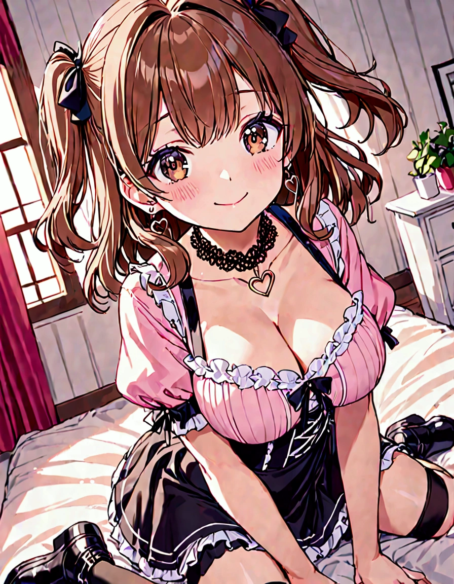 (best quality), (beautiful), (masterpiece), ite girl, solo, brown hair, medium hair, wave hair, two side up with ribbon, dark brown eyes, large breasts, joyful smile, upper body above the knees, relaxing, free angle
BREAK
Gothic Lolita fashion, collarbone, lace collar, heart O-ring chain necklace, {puff sleeve blouse}, pink blouse, short sleeves, high waist flared skirt, black skirt, black socks with lace trim, platform lace up boots, earrings, cute girl's room, 