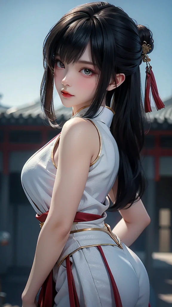 (8k, RAW photo, best quality, masterpiece:1.2), (realistic, photo-realistic:1.4),octane rendering, highres, ultra-detailed, extremely detailed, depth of field, a beautiful woman ,hanfu,ancient architecture,sharp eyes,shiny eyes,shiny skin,armlets,random pose,dynamic angle,backlighting:1.4,white skin:1.6,fair skin,seductive expression:1.4,The overall composition should have the focus on the character's appearance, felsa