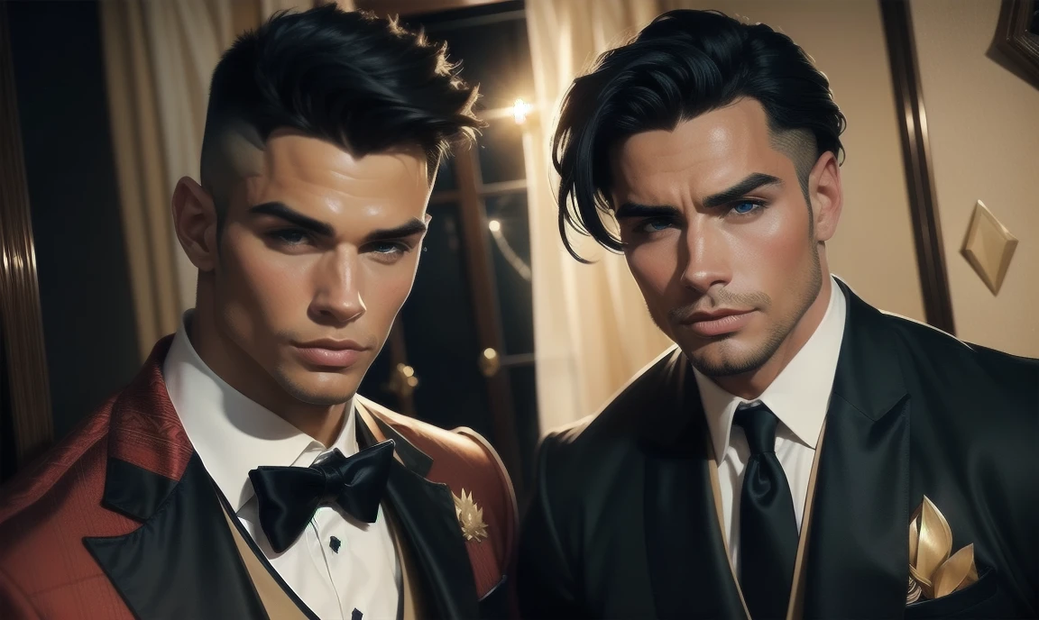 2 men, aged early 30s, each has a unique appearance. An angel and a devil who look like normal albeit incredibly gorgeous human men. classy and well-dressed. looking at you and trying to seduce you.