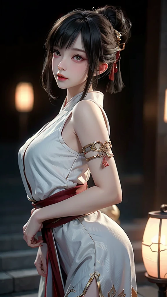 (8k, RAW photo, best quality, masterpiece:1.2), (realistic, photo-realistic:1.4),octane rendering, highres, ultra-detailed, extremely detailed, depth of field, a beautiful woman ,hanfu,ancient architecture,sharp eyes,shiny eyes,shiny skin,armlets,random pose,dynamic angle,backlighting:1.4,white skin:1.6,fair skin,seductive expression:1.4,The overall composition should have the focus on the character's appearance, felsa