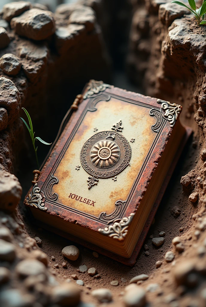 Discover an ancient book, weathered and slightly damaged, half-buried in soil and rocks, resembling a relic lost in time. This forgotten tome, presented as a fossil of knowledge, contrasts with the detailed erosion around it. Capture this scene in ultra-realistic detail, highlighting the book's worn texture against the meticulously depicted natural surroundings. Aim for high fidelity in a 32k resolution image, preserving history's essence in the earth's embrace.