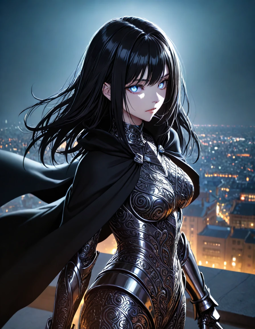 masterpiece,best quality,high resolution,ultra sharp focus,Cinematic Lighting, ethereal light, intricate details,full colored, HDR, UHD,8k,detailed background is beautiful,shoulder-length black hair with silver streaks, piercing silver eyes, fair skin with faint shadow markings, dark armored suit with intricate patterns, long black cape, dual curved daggers, standing on a rooftop under moonlight, glowing cityscape in the background, dark shadows swirling around, intense lighting contrasts, high contrast black and silver tones, gritty realism
