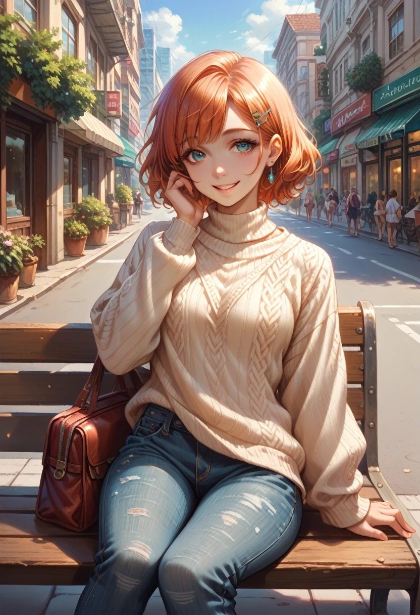 score_9, score_8_up, score_7_up,  anime girl, beautiful,  perfect anatomy , Dressed in a light sweater ,  beautiful jeans with ,  in Her Hair Clip , small earrings,  background Patterns Sitting in a Beautiful City on the street, bench, sunlight, smile,  soft and gentle clouds , masterpiece, 8 k,  complex details, bright colors,