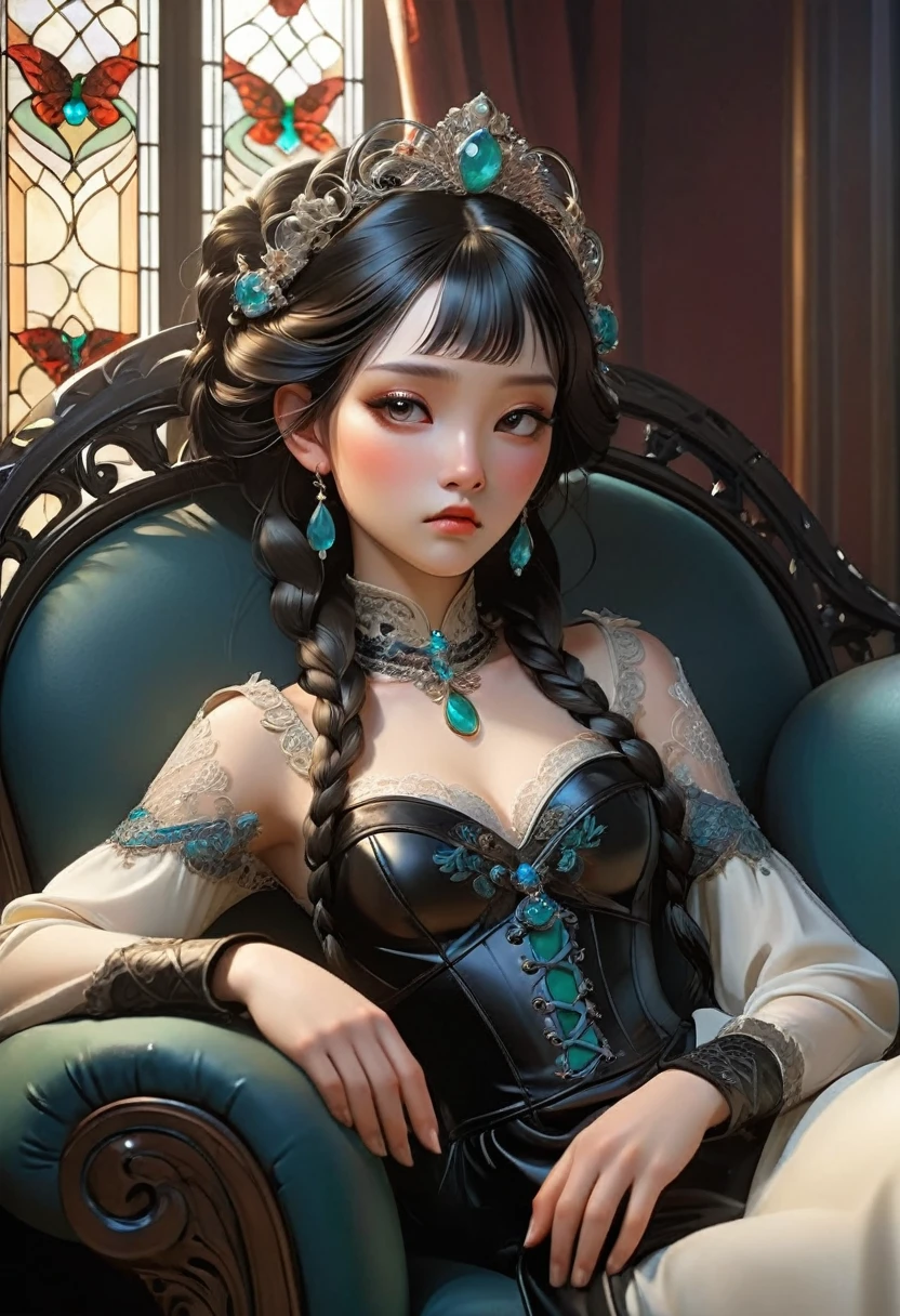 A melancholic princess, her raven braid a crown atop her pale head, sits pensively upon a darkly polished chaise lounge carved with gothic flourishes. She's clad in a black lace-trimmed corset, its silken sheen contrasting with the flowing ivory overdress that pools around her. Long, black leather boots, hinting at a hidden strength, end in delicate black lace garters. Ornate sapphire earrings dangle, catching the soft light filtering through colossal stained-glass windows ablaze with jewel tones – ruby, emerald, sapphire – mirroring the fiery depths in her dark eyes, downcast in quiet contemplation. A single, silver ring glimmers on her finger. Her hand, adorned with dark polish, rests lightly upon her braid, a gesture of weary grace. Render this in the style of a high-fantasy digital painting, reminiscent of Korean fantasy illustrators, emphasizing the smooth, almost porcelain texture of her skin, the rich folds of the fabrics, and the dramatic chiaroscuro lighting. The overall mood is one of sophisticated sorrow, a quiet grandeur tinged with unspoken secrets, a regal loneliness bathed in the ethereal glow of stained glass. Focus on the subtle details: the delicate lace, the sheen of the leather, the almost imperceptible shimmer of the silver ring. Think Alphonse Mucha meets a Korean fantasy master – a blend of Art Nouveau elegance and the vibrant detail of modern digital painting
