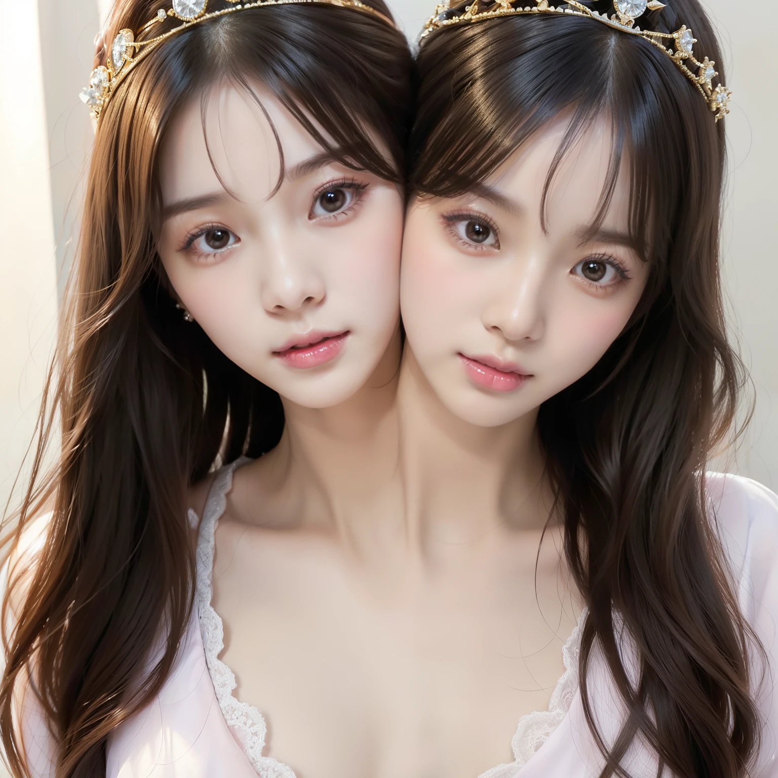 (2heads:1.2), princesses, tiaras, flowers in hair, crowns, in a ballroom, dancing, queens, two asian women with long brown hair posing for a picture, two beautiful anime girls, beautiful highly symmetric faces, ulzzang, sisters, korean symmetrical face, siamese twins, brown long and straight hair, popular south korean makeup