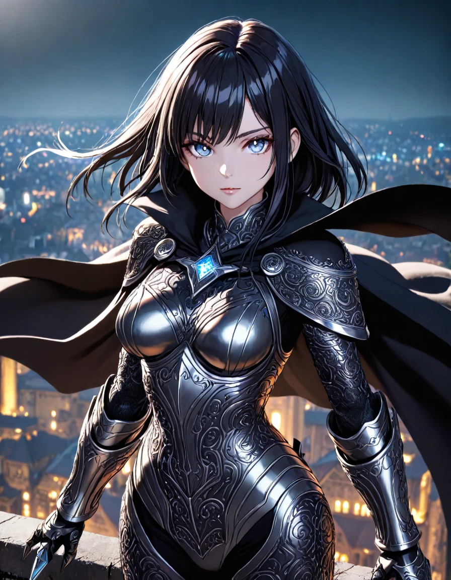 masterpiece,best quality,high resolution,ultra sharp focus,Cinematic Lighting, ethereal light, intricate details,full colored, HDR, UHD,8k,detailed background is beautiful,shoulder-length black hair with silver streaks, piercing silver eyes, fair skin with faint shadow markings, dark armored suit with intricate patterns, long black cape, dual curved daggers, standing on a rooftop under moonlight, glowing cityscape in the background, dark shadows swirling around, intense lighting contrasts, high contrast black and silver tones, gritty realism
