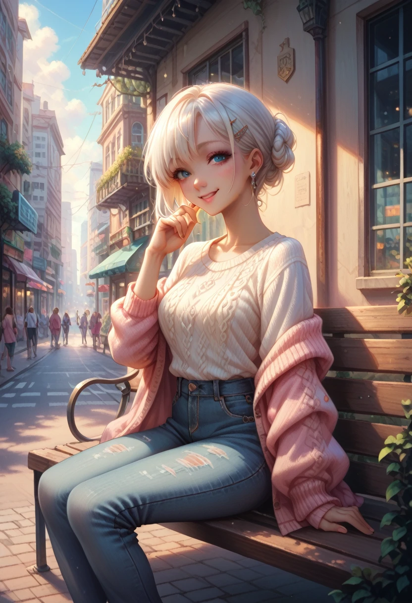 score_9, score_8_up, score_7_up, Anime girl with white hair, beautiful,  perfect anatomy , Dressed in a light sweater ,  beautiful jeans with ,  in Her Hair Clip , small earrings,  background Patterns Sitting in a Beautiful City on the street, bench, sunlight, smile,  soft and gentle clouds , masterpiece, 8 k,  complex details, bright colors,