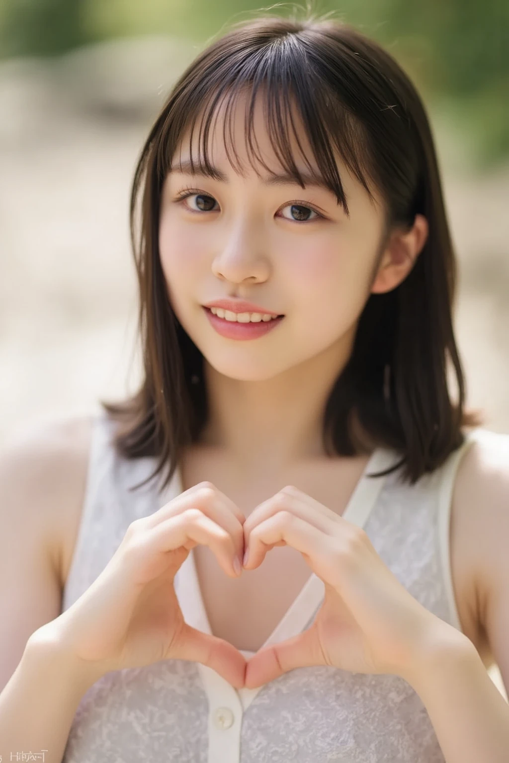 She is in a pose wearing a sexy camisole, making a firm big heart shape with both hands, and holding it in front of her chest, Close-up of a smiling face

