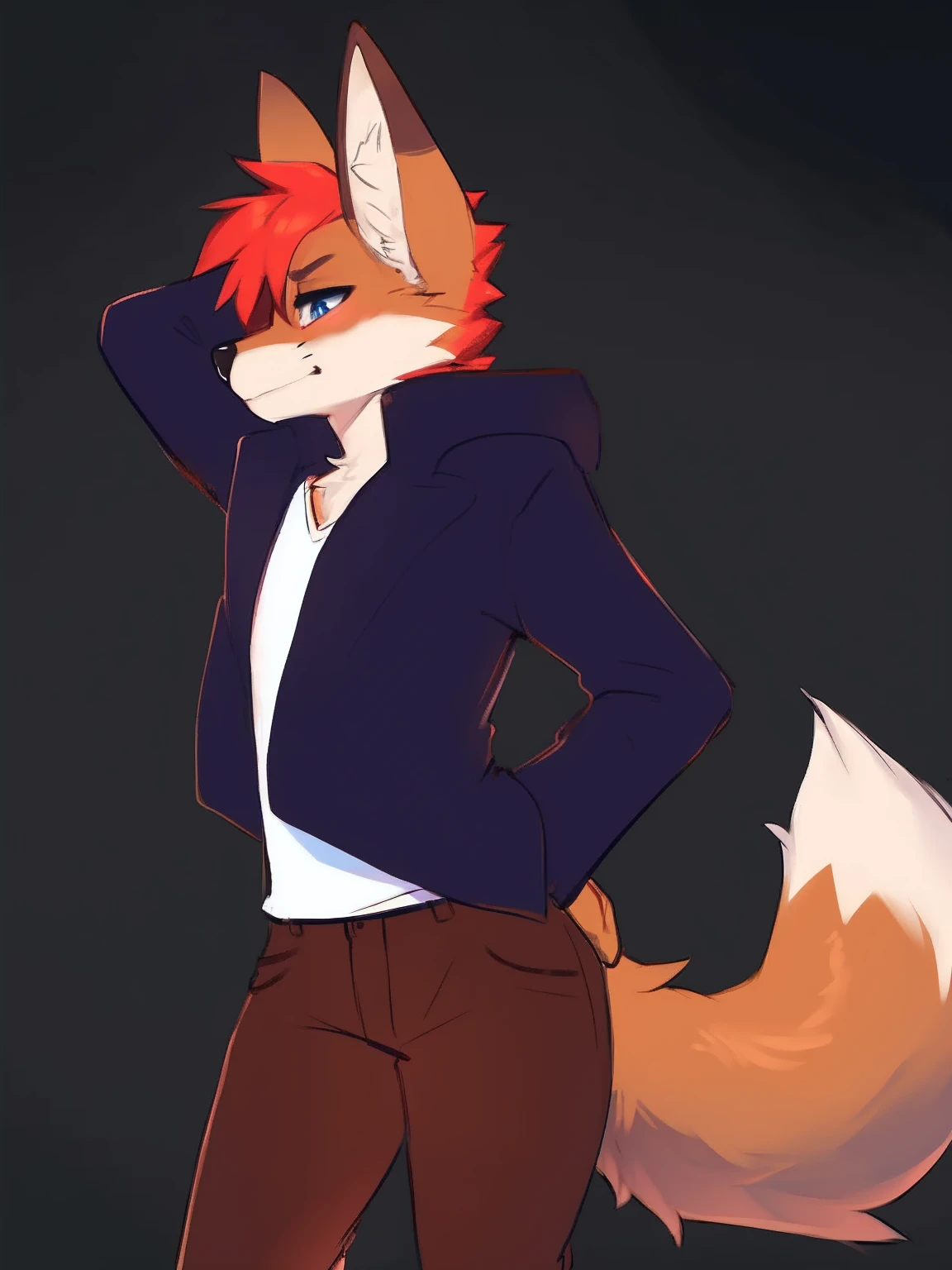 Best quality, Super detailed illustration, cartoon illustration, ultra high 4k quality, ((masterpiece, best quality)) by zackary911,zackary911, fluff-kevlar, by fluff-kevlar, anthro red fox, large red fox ears, red fox whiskers, orange fur, male, solo, one character, furry character, furry male. blue eyes, big fennec ears, puffy blue fur coat, white shirt, blue jeans, orange fur. fluffy fur, big fox tail, serious face, only one tail, dark background, no hair, being eyecocky