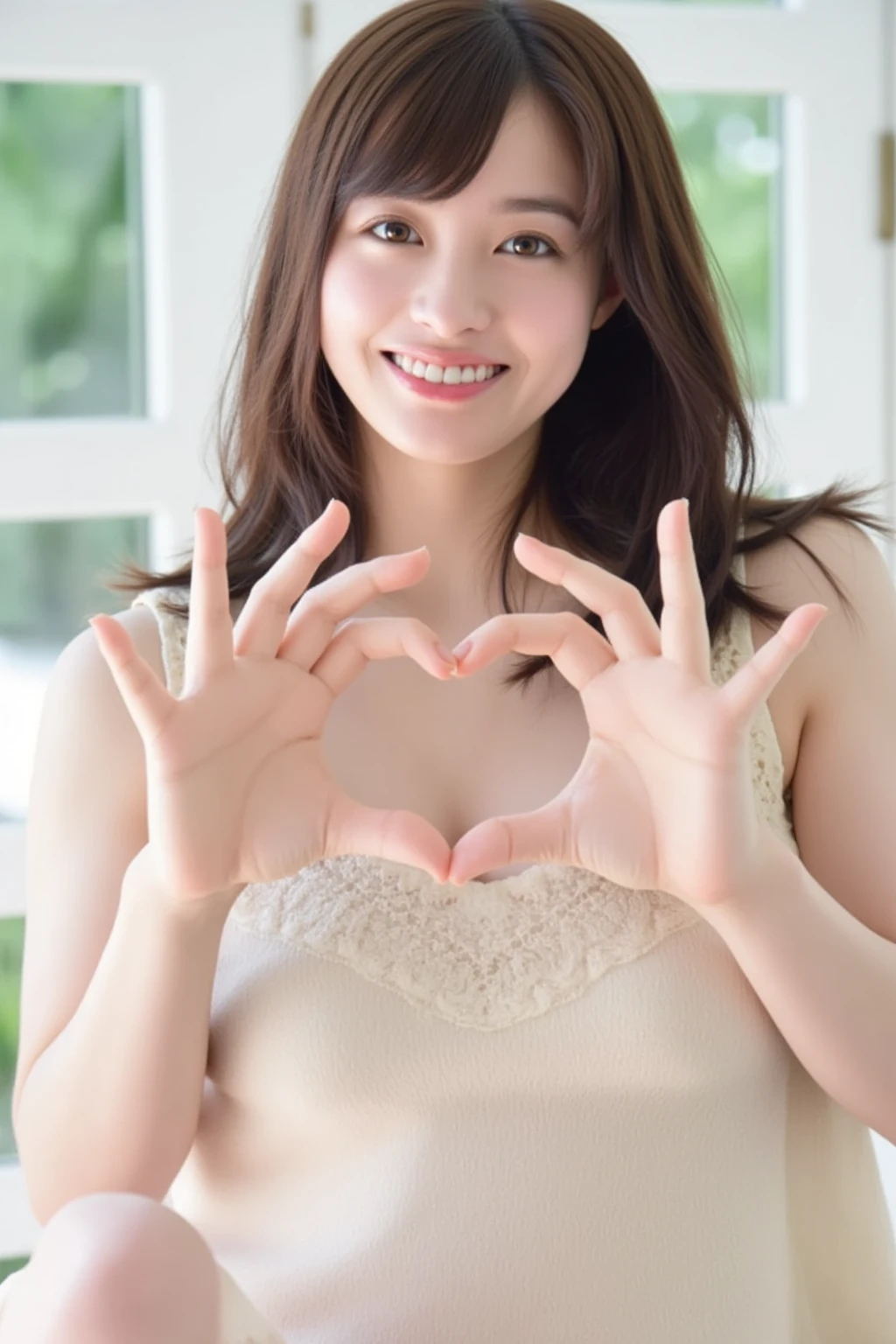 She is in a pose wearing a sexy camisole, making a firm big heart shape with both hands, and holding it in front of her chest, Close-up of a smiling face

