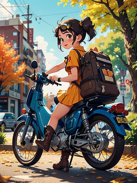 32K，UHD High Definition， octane rendering，Steampunk，(Ultra-fine: 1.2)， young super cab rider ， Knight ，One cute person ， Very short stature，Very thin thighs， yellow super cub full of luggage， Short dress ，Semi-long twin tails， Black Hair ，goggles，  black boots ，Super Cub Details，To the city，Autumn leaves， mid-shot from behind ,