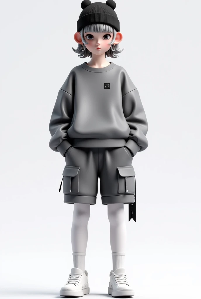 blind box toy, full body, A high transparent resin toy，3d，C4D，A  wearing a gray sweatshirt, gray cargo shorts, white stockings and white canvas shoes, a black knitted hat, and big earrings, a black, white and gray color scheme,stylish, artistic, andIsolated against a white background, vivid facial expressions, maintains consistency and unity, 8K, best quality