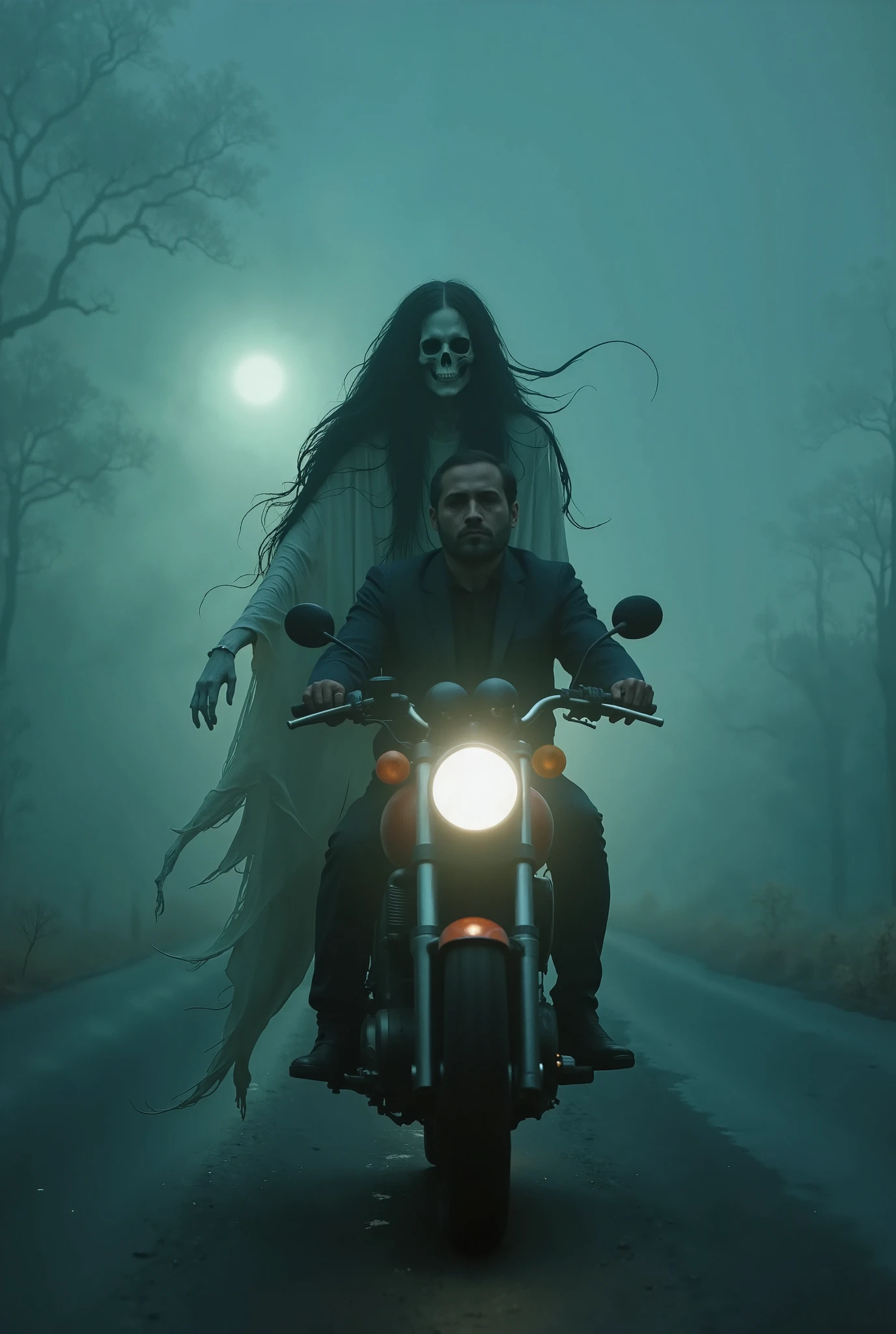 A hyper-detailed, ultra-fidelity 8K image of A lone motorcyclist rides through a foggy, desolate road at night, completely unaware of the ghostly figure sitting behind him on the pillion seat. The specter, resembling La Llorona, clutches onto his shoulders with long, skeletal hands, her tattered white gown fluttering unnaturally in the wind. Her pale, hollow face, framed by long, tangled black hair, remains eerily close, but the rider is oblivious. Her dark, sunken eyes stare ahead, mouth twisted in a silent scream of anguish. The headlights of the motorcycle cut through the dense fog, casting eerie shadows on the road. The rider’s expression is calm, unaware of the supernatural terror riding with him, as the cold air around them intensifies the haunting atmosphere. The figure’s presence exudes an overwhelming sense of dread, as if she is waiting for the right moment to reveal herself.