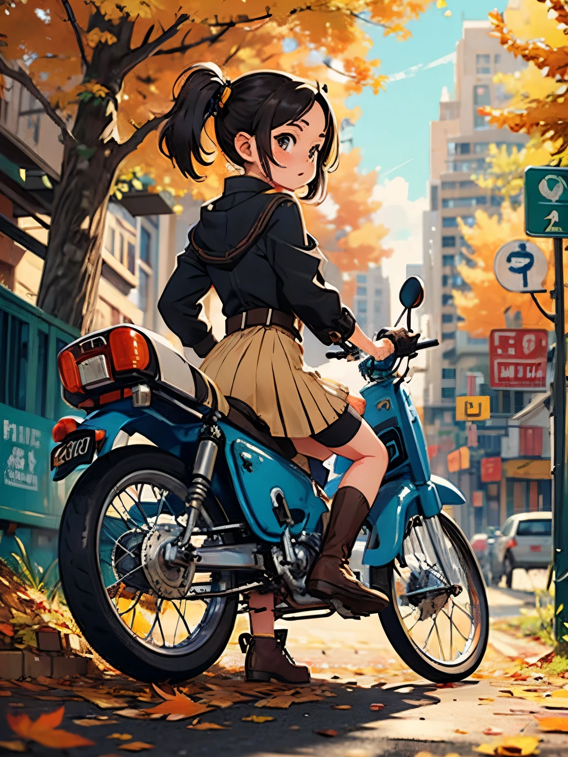 32K，UHD High Definition， octane rendering，Steampunk，(Ultra-fine: 1.*****ung ，Super Cub Rider ， Knight ，One cute person ， Very short stature，Very thin thighs， yellow super cub full of luggage， Short dress ，Semi-long twin tails， Black Hair ，goggles，  black boots ，Super Cub Details，To the city，Autumn leaves， mid-shot from behind ,

