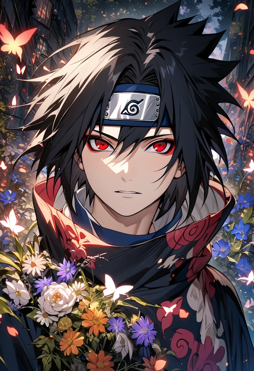 Ultra detailed, Highres, absurdres, HDR, Uchiha Izuna, fair comlexion, red eyes, long black hair, Naruto Shippuden, purple flames, butterflies, handsome, 1 man only, very detailed face and eyes, flowers and petals, upper body,