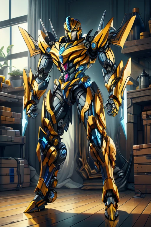 masterpiece, male, robot, blue eyes, robot body, Transformers, (((1boy))), (((yellow metal body armor))), (silver metal arms), (black metal legs), long legs, smiling