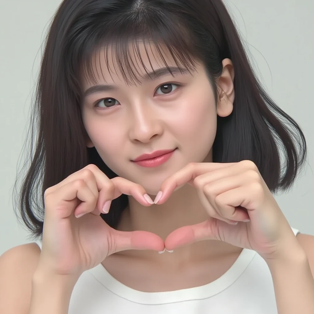  smile making a heart shape with hands:2.0、Tilt your face slightly to the right ;2.1 (Ultra-precise human anatomy ,  best quality、RAW Photos、8k、32K、masterpiece、Realistic、Realistic:1.37)、Cute Japanese women images、Tank tops、Photographed in natural light、  upper body、 1 girl、Photo Mapping、 Physically Based Rendering 、Excellent image quality、 High Resolution 、1080P、(Beautiful Face)、(Detailed description of the face)、( Detailed description of the hand setter&#39;Muscle area)、(Detailed CG)、Rich details、( great features :1.35)、(Detailed eyes)、 I'm looking forward to your eyes、Delicate clavicle、Various poses、A very realistic and detailed portrait of a young woman's upper body。The skin is beautiful、 Soft light is reflected in the high part of the cheek  .、 Tiny pores and hair follicles、 Even the tiniest blood vessels are visible。The skin is smooth、Natural flushing of the cheeks、Gives a healthy glow。 The eyes are large and clear blue、 The iris has fine patterning、 Light is reflecting and shining in the eye。 There is a slight shadow under the eye、 Her eyelashes are long and naturally curled。 Her lips are a soft pink color、 Smooth texture and natural glow、 Slightly reflects light。 The woman is wearing a simple white top.、 The background is a pale monochrome gradient.、The focus is completely on the face and upper body。Realistic shadows and textures、Photographic depiction.。
