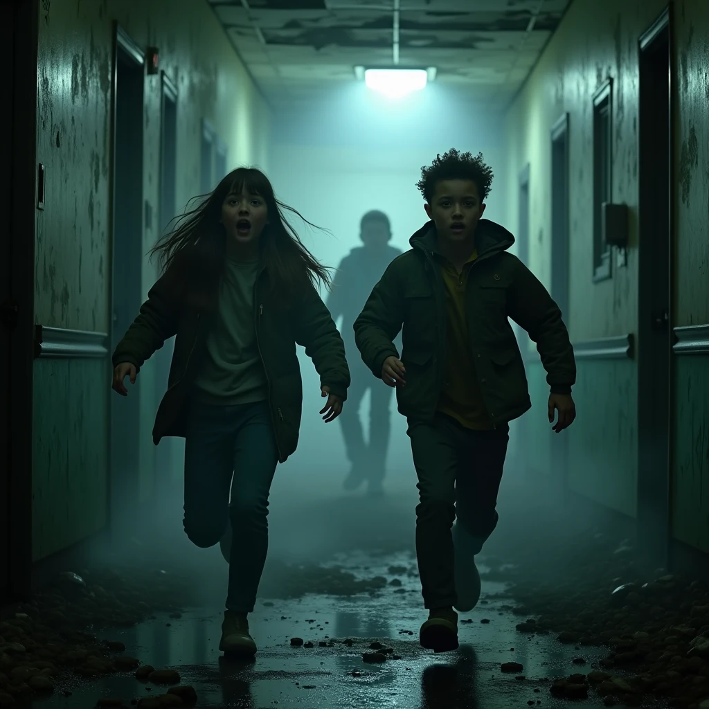 a group of young people doing ghost hunt at a haunted dilapidated hospital, frightened expressions as they run towards the viewer, crumbling hallway with debris, dark interior, missing ceiling, ghostly figure in the mist, ghostly voice text overlay "I can see you", (detailed face, detailed eyes, highly detailed:1.2), dark and grungy atmosphere, horror, cinematic lighting, moody and dramatic colors, (best quality,8k,highres,masterpiece:1.2),ultra-detailed,realistic,photo-realistic:1.37, 1 girl, 1 boy