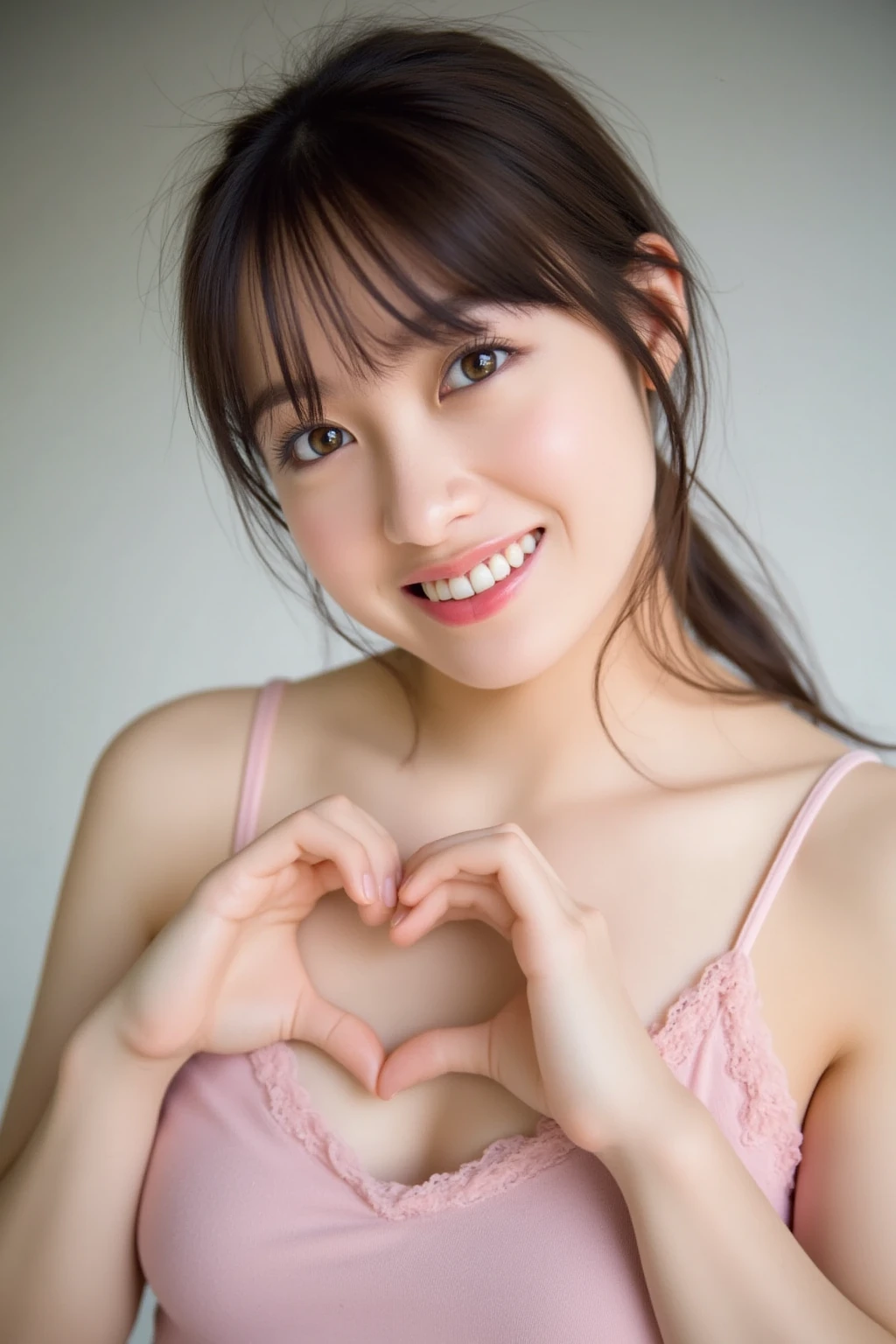 She is in a pose wearing a sexy camisole, making a firm big heart shape with both hands, and holding it in front of her chest, Close-up of a smiling face

