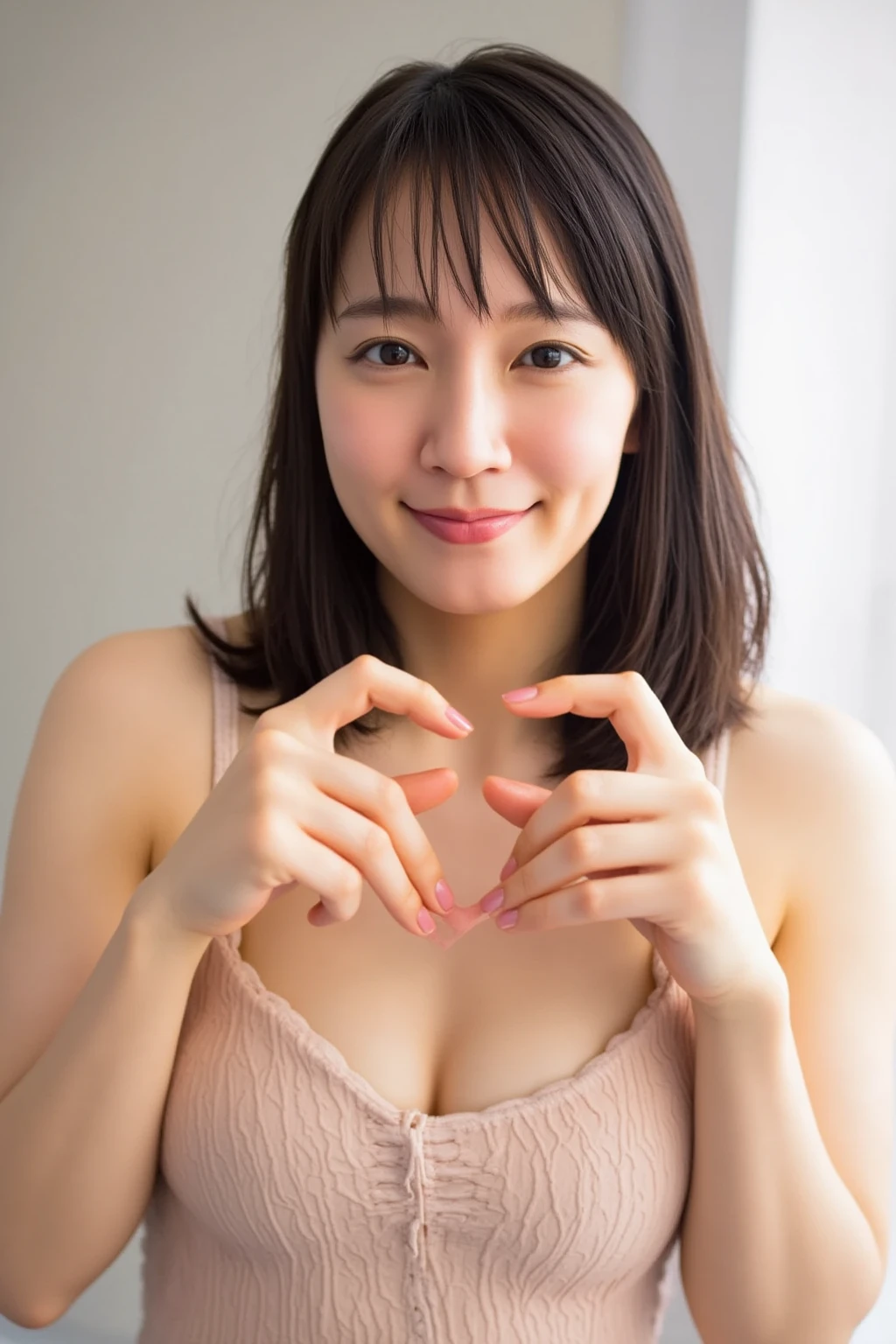 She is in a pose wearing a sexy camisole, making a firm big heart shape with both hands, and holding it in front of her chest, Close-up of a smiling face

