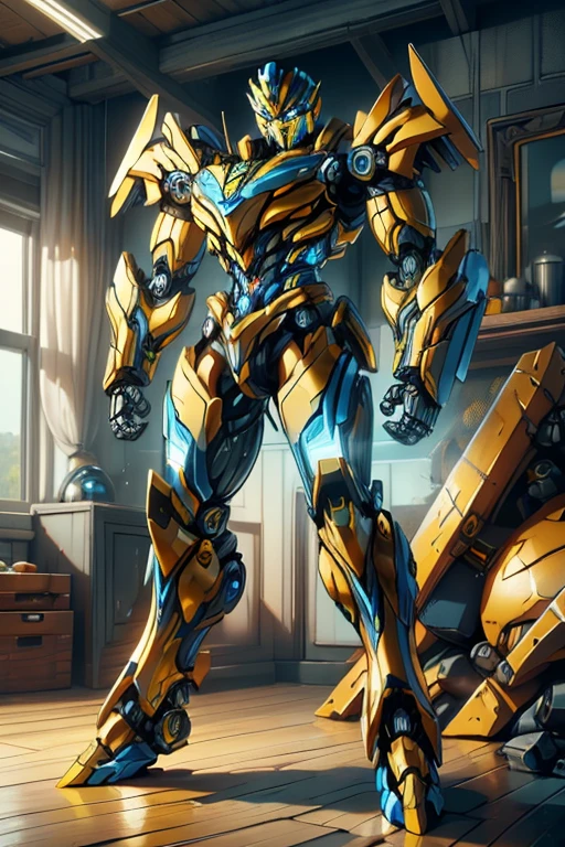 masterpiece, male, robot, blue eyes, robot body, Transformers, (((1boy))), (((yellow metal body armor))), (silver metal arms), (black metal legs), long legs, smiling