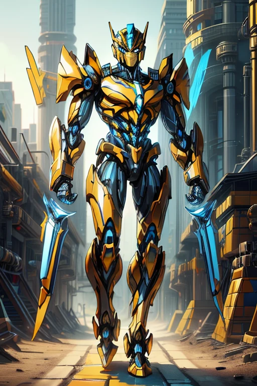 masterpiece, male, robot, blue eyes, robot body, Transformers, (((1boy))), (((yellow metal body armor))), (silver metal arms), (black metal legs), long legs, smiling