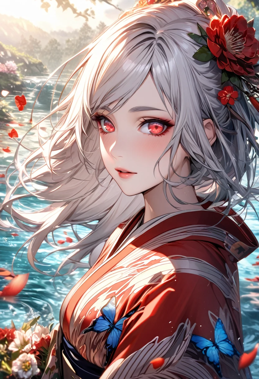 Ultra detailed, Highres, absurdres, HDR, fair comlexion, red eyes, long wavey white hair, Naruto Shippuden, water , butterflies, beautiful, 1 woman only, very detailed face and eyes, flowers and petals, upper body, beautiful kimono 