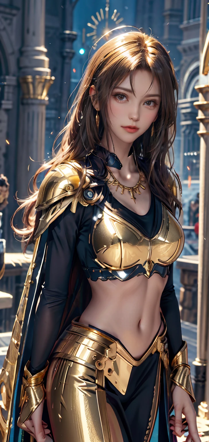  best quality , Masterpiece Ultra High Definition , Original photo,  woman, (( slender body )), ((Waving Sardines)), Cinema Lighting,  very long hair ,  beautiful eyes, wind,  necklace ,  earrings with cups, (( Metallic Gold Armor)), ((Ironic Outfit)), ((Ultra Shiny Gold Armor )), ((Electric Cape)), ((Waist)), (()), ((Glowing neon)), ((Realistic)), At the Palace, Night Weather,  Cinematic Poses ,Sailor Moon、Slender beauty、smile