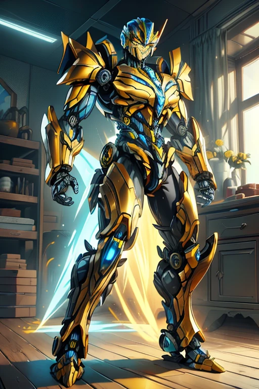 masterpiece, male, robot, blue eyes, robot body, Transformers, (((1boy))), (((yellow metal body armor))), (silver metal arms), (black metal legs), long legs, smiling