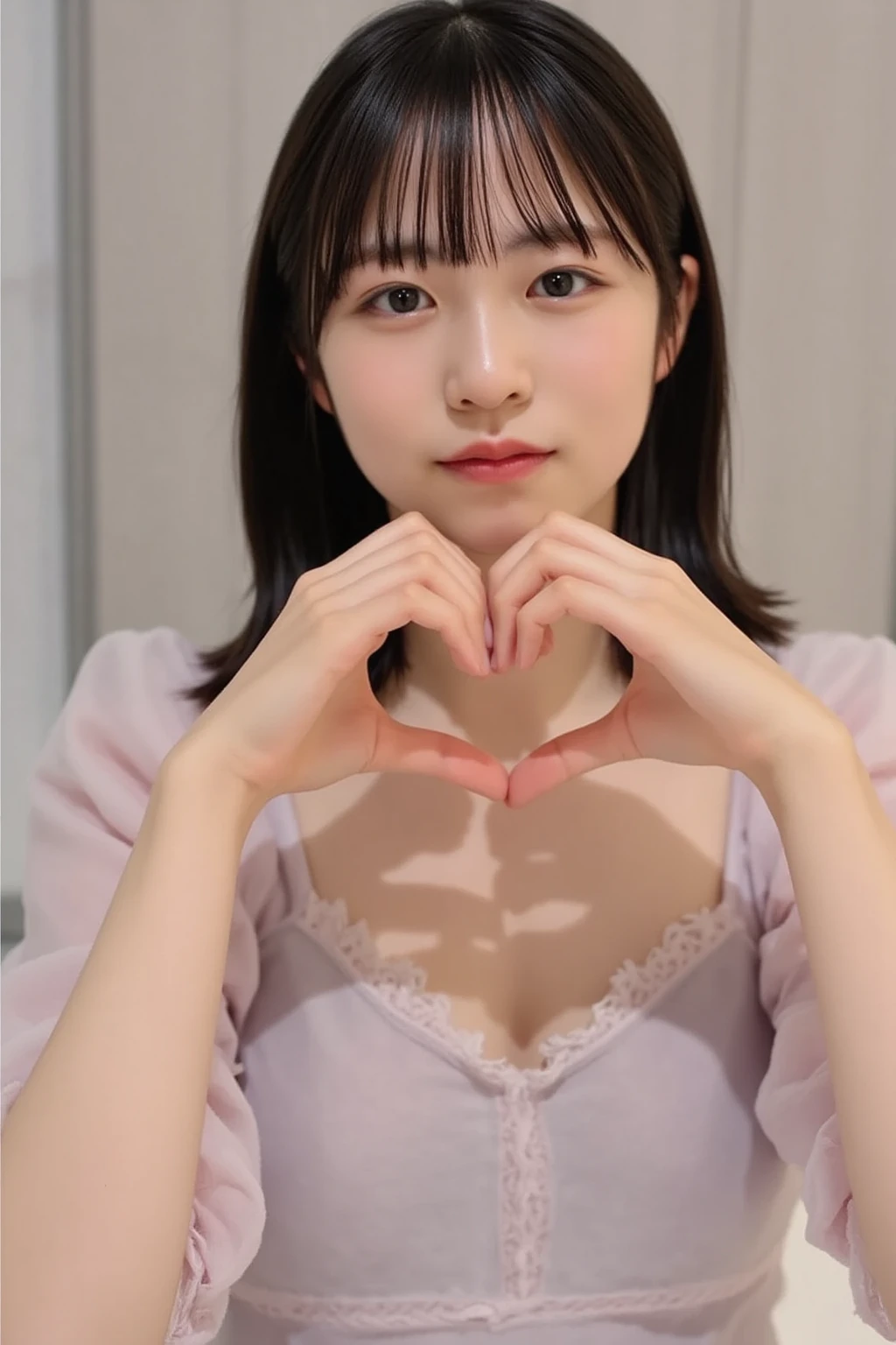 She is in a pose wearing a sexy camisole, making a firm big heart shape with both hands, and holding it in front of her chest, Close-up of a smiling face

