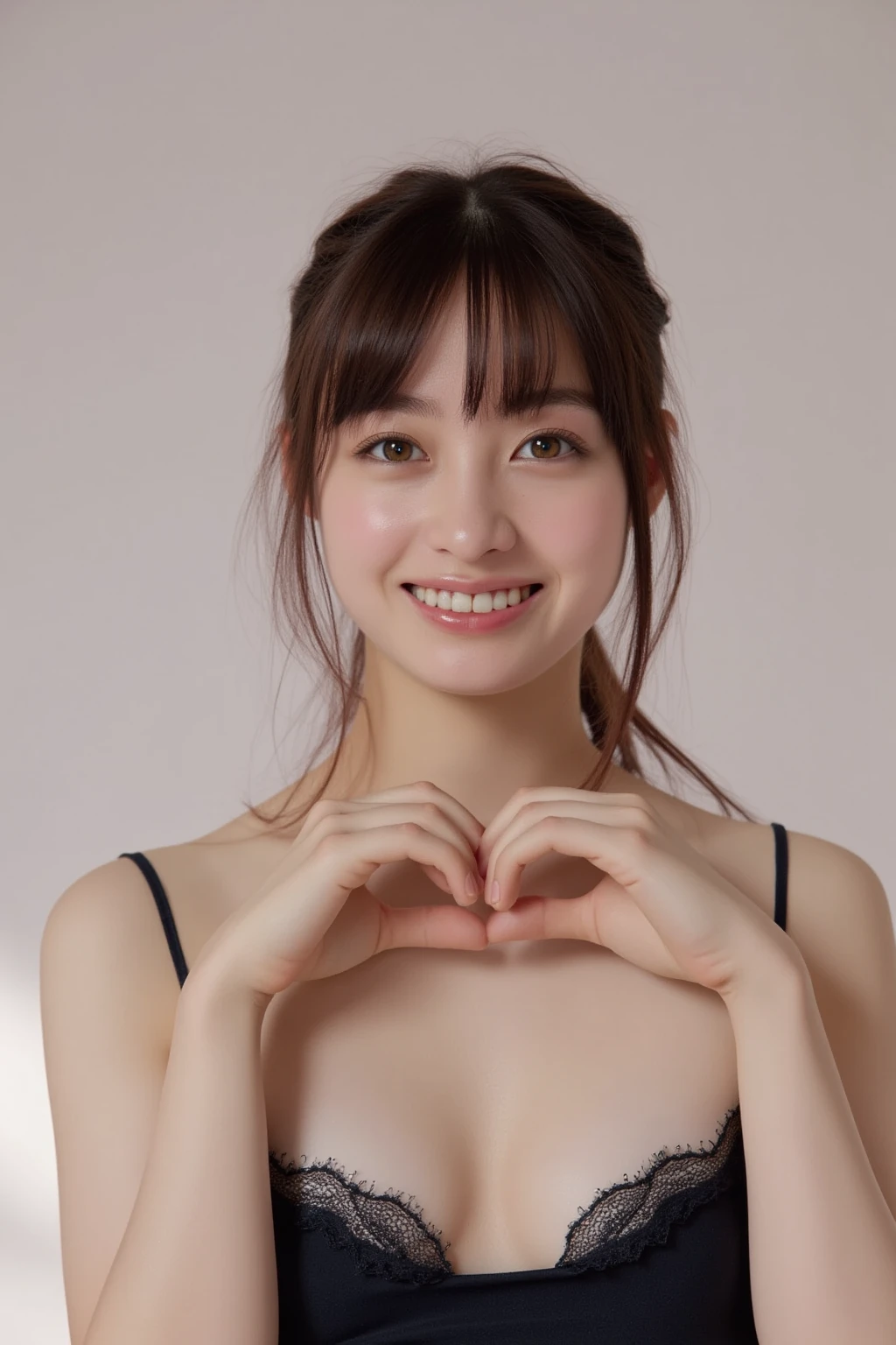 She is in a pose wearing a sexy camisole, making a firm big heart shape with both hands, and holding it in front of her chest, Close-up of a smiling face

