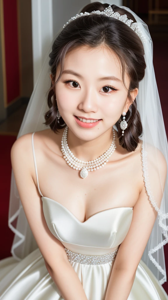 RAW photo,1girl,medium shot,a chtwchaeyo wearing a form fitting satin bridal gown, a bridal veil, diamond earrings, pearl necklace, long hair, bun hairstyle, 150 mm, vibrant details, luxurious lace, hyperrealistic, anatomical, facial muscles, elegant, dark place background, 8k, best quality, masterpiece, illustration, an extremely delicate and beautiful, extremely detailed ,CG ,unity ,wallpaper, (realistic, photo-realistic:0.8),Amazing, finely detail, masterpiece,best quality,official art, extremely detailed CG unity 8k wallpaper, absurdres, smile, expressionless,