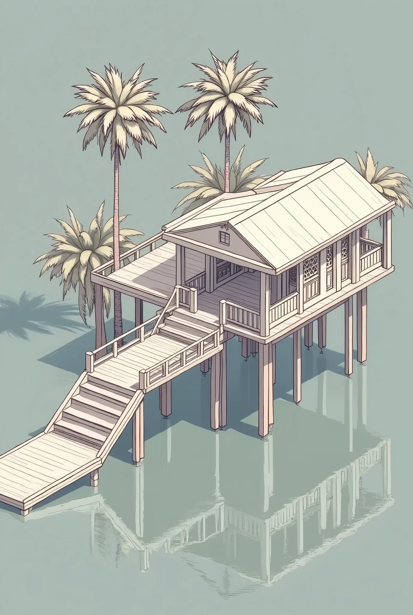 Architectural isometric of a stilt house built on water