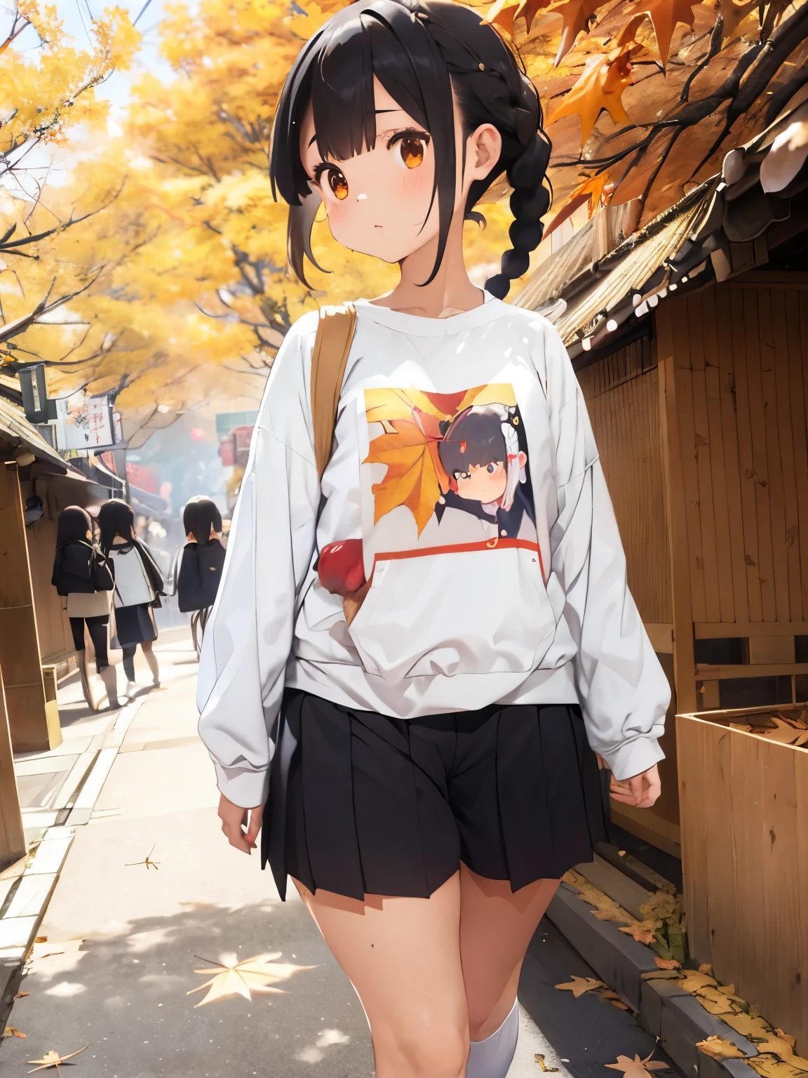  A young  is walking around Ueno in autumn、Autumn leaves，Bloomers、WHITE LONG SLEEVE T-SHIRT 、  rose twin tail , (amount),  braiding、 short hair、