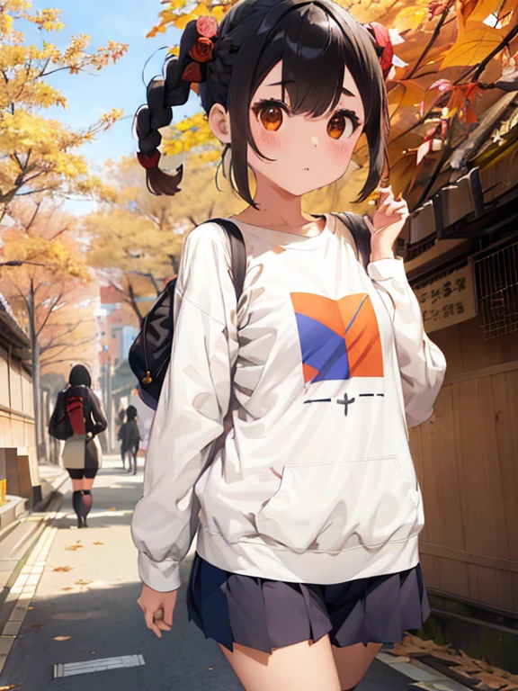  A young  is walking around Ueno in autumn、Autumn leaves，Bloomers、WHITE LONG SLEEVE T-SHIRT 、  rose twin tail , (amount),  braiding、 short hair、