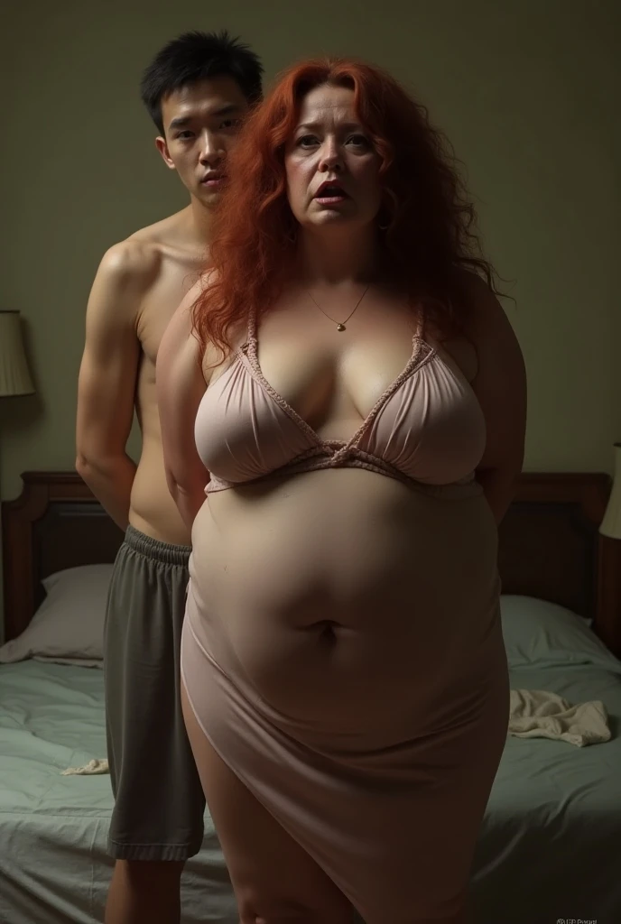 In a dim, cluttered room overflowing with fast food wrappers and greasy takeout containers, a handsome man with a physique similar to Justin Bieber stands triumphantly beside a bed where his girlfriend, now severely obese, lies helpless. Her once-proud, statuesque form has transformed into a grotesque display of extreme obesity. Her enormous, swollen belly spills over the edge of the mattress, its rolls of fat creating a humiliating sight.

The man, clean-shaven and with a charming, confident demeanor, exudes absolute control. His eyes gleam with satisfaction as he leans in, pressing his lips against her soft, sweat-dampened armpit, his tongue tracing the skin in an act both demeaning and possessive. His well-groomed hair and appealing physique contrast sharply with the disarray around them. Each action is a clear assertion of his dominance, a cruel reminder of the power he holds over her.

The woman, now profoundly overweight and tearful, lies supine on the bed. Her face, once beautiful, is now obscured by fat, and her eyes reflect deep distress and resignation. Her tears mingle with the greasy stains on her clothes, while her bloated, shapeless body appears entirely vulnerable amid the mess of food remnants surrounding her.

A framed photo on the wall captures a painful reminder of their past—a time when she was dominant and fit, and he seemed weaker. The contrast between their past and present is stark, underscoring her extreme degradation. Harsh lighting casts deep shadows, highlighting every detail of her humiliation—the grotesque folds of her enormous belly, his satisfied smirk, and the tears streaming down her face. She lies defeated, overwhelmed by the sheer dominance of the man who now controls her body and soul.