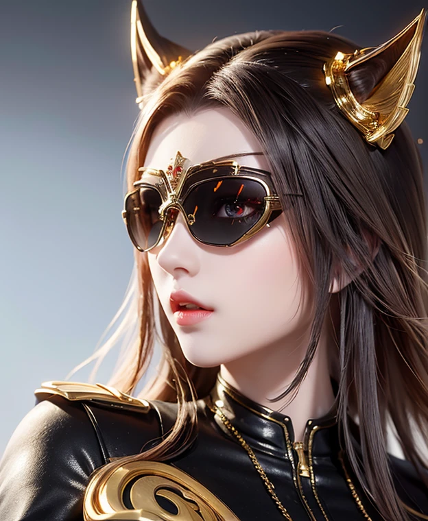 A female gold monster, gold monster suit, as she monster , full body , red eyes, helmet mask, high detailed, realistic, gloves, ultra realistic, ((full face helmet)), black shield sunglasses on eyes, smart black sunglasses ((red eyes)) white hair,