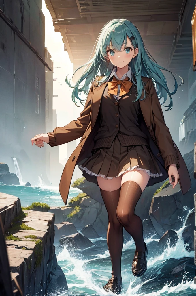 ((masterpiece)),(best quality),official art,extremely detailed CG,unity 8k wallpaper,ultra detailed,A lighthouse on a cliff by the sea,1girl,solo,upper body,(portrait:1.2),long_hair,brown_thighhighs,hairclip,hair_ornament,school_uniform,pleated_skirt,brown_skirt,cardigan,aqua_hair,aqua_eyes,brown_jacket,loafers,looking_at_viewer,black_footwear,bowtie,smile,frilled_skirt,ascot,