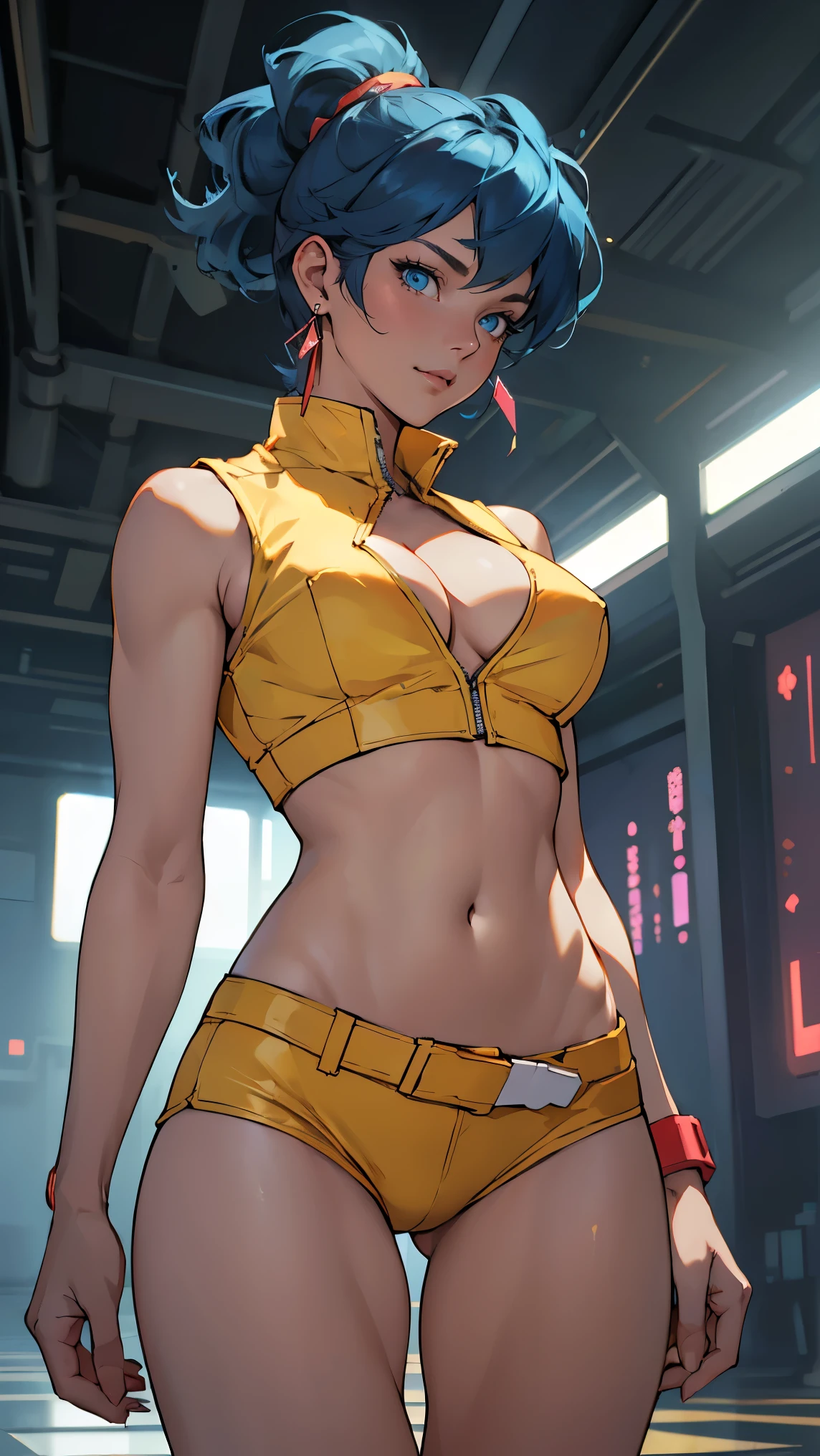 ((Masterpiece, highest quality; 1.3)), super quality, beautiful detail, super detailed, extra fine, 16K, exquisite, absurd, high resolution, beautiful background, detailed background, beautiful eyes, beautiful skin, anime style, dirtypairyuri, Dirty Pair Yuri in a skimpy light yellow outfit, long blue hair, blue eyes, earrings, white yellow uniform, white crop top, cutout, sleeveless, wearing tight clothing, skimpy, (breasts: 1.2), cleavage, cleavage, , obliques, fit arms, slim waist, ((wide hips)), fit thighs, (thigh gap), showing stomach, (skinny frame), wide hips, cyberpunk city background, holding a retro space gun