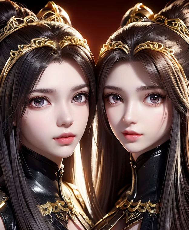 A twins female's gold monsters, gold monsters suit, as she's monsters , full body , red eyes, helmet mask, high detailed, realistic, gloves, ultra realistic, ((full face helmet)), black shield sunglasses on eyes, smart black sunglasses ((red eyes)) white hair, ((as twins sisters womans)),