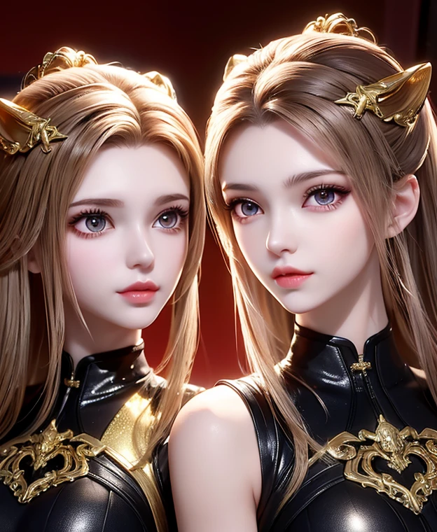 A twins female's gold monsters, gold monsters suit, as she's monsters , full body , red eyes, helmet mask, high detailed, realistic, gloves, ultra realistic, ((full face helmet)), black shield sunglasses on eyes, smart black sunglasses ((red eyes)) white hair, ((as twins sisters womans)),