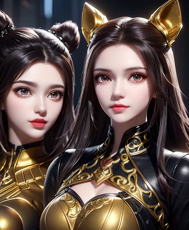 A twins female's gold monsters, gold monsters suit, as she's monsters , full body , red eyes, helmet mask, high detailed, realistic, gloves, ultra realistic, ((full face helmet)), black shield sunglasses on eyes, smart black sunglasses ((red eyes)) white hair, ((as twins sisters womans)),