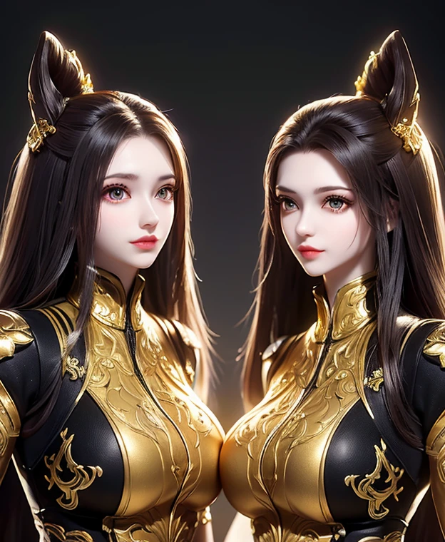 A twins female's gold monsters, gold monsters suit, as she's monsters , full body , red eyes, helmet mask, high detailed, realistic, gloves, ultra realistic, ((full face helmet)), black shield sunglasses on eyes, smart black sunglasses ((red eyes)) white hair, ((as twins sisters womans)),