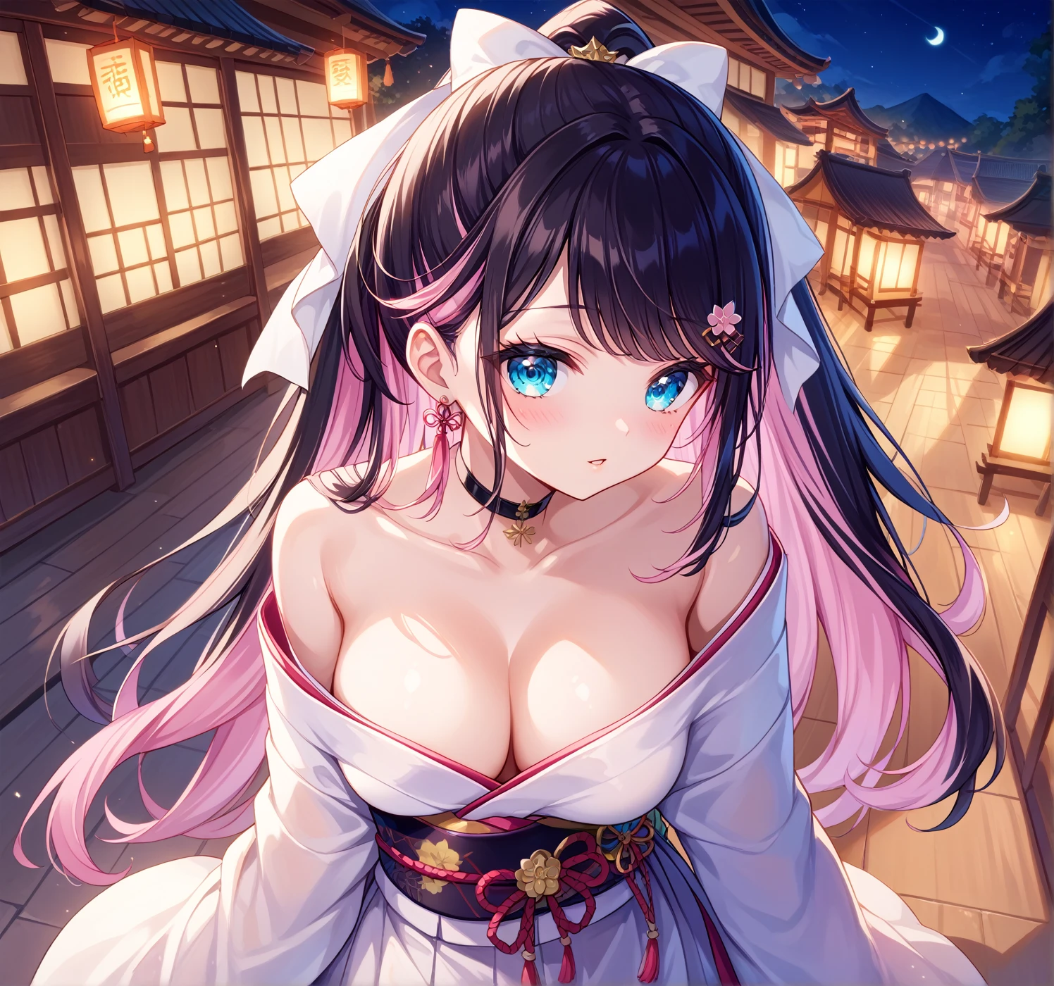 ((Best Quality))、(masterpiece)、( realistic shadows),(１ beautiful  girl ), flower-shaped hairpin,Big hairpin ,NazunaUni, blue eyes, multicolored hair, black hair, pink hair, long hair, ponytail, pink hair bow, black choker,, undone clothing, off shoulder, kimono in focus with blurred background, in the Japanese festival, at dusk, from above, upper body, wide shot, wide-angle lens, warm lighting, moonlight, at night, at festival


