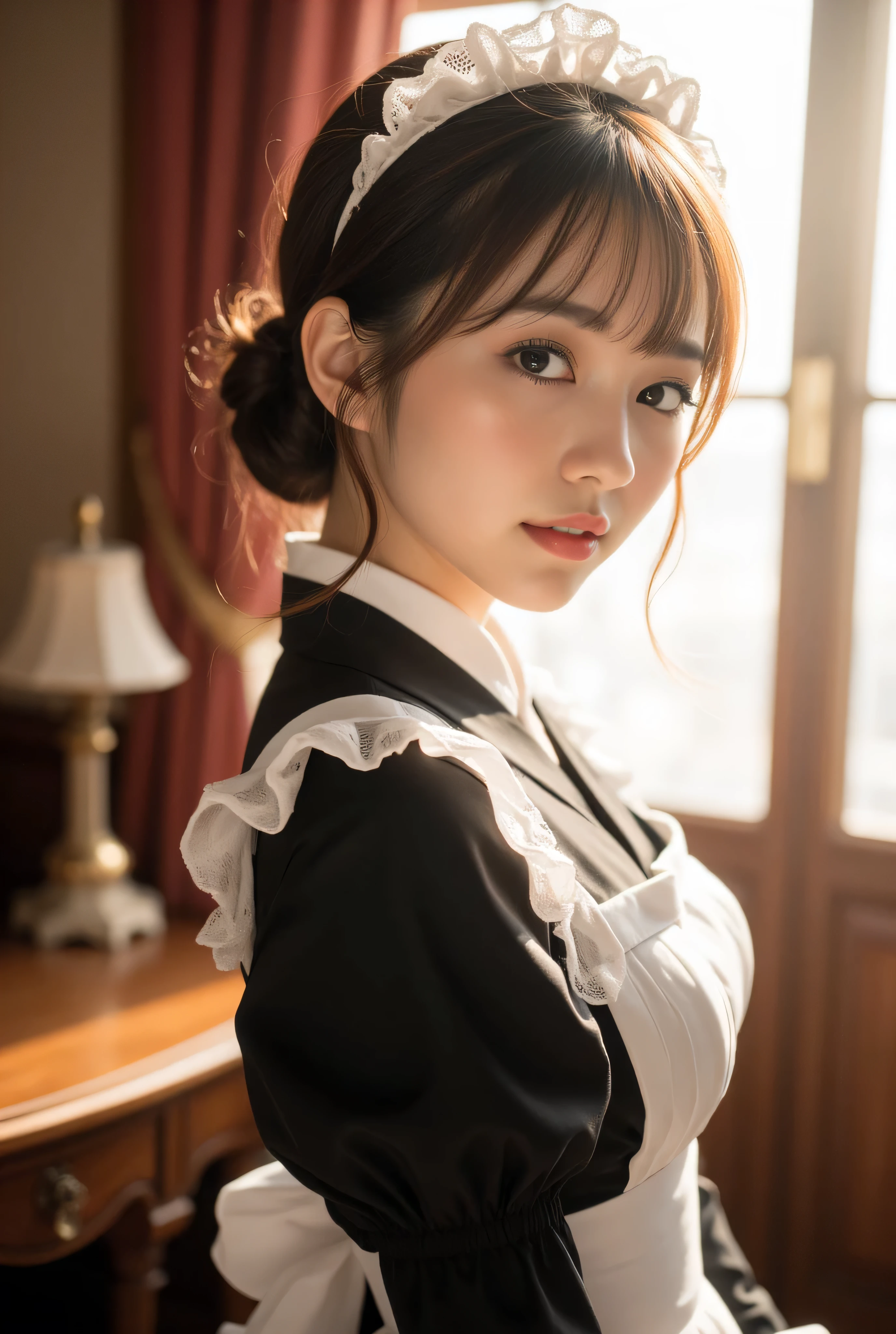 A stunningly beautiful Japanese maid with a graceful face, dressed in a classic black-and-white maid outfit with delicate lace trimmings. She is turned towards the viewer, slightly tilting her head while giving a cute smile. Her well-fitted maid’s outfit accentuates her slim figure, and her white apron contrasts the outfit. Sunlight softly illuminates her face, highlighting her delicate features and the playful smile. Her hair is neatly styled in a bun, with a few loose strands framing her face, and a small lace headband adorns her head. The atmosphere remains luxurious, exuding charm and warmth.